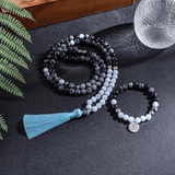 Collier Mala 108 Perles en Aigue Marine et Obsidienne Neige | Lithothérapie Stéphanie