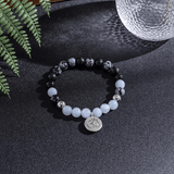 Mala-Halskette aus Aquamarin und Schneeflockenobsidian + Gratis-Armband