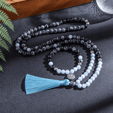 Collier Mala en Aigue Marine et Obsidienne Neige | Lithothérapie Stéphanie